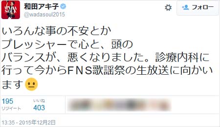 和田アキ子の体調不良ツイート