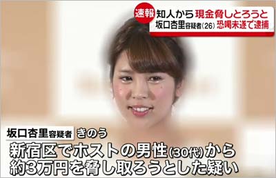 坂口杏里（ANRI）容疑者を恐喝未遂容疑で逮捕の報道1枚目