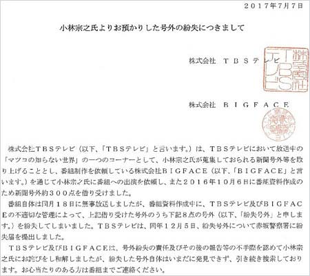 TBS側から送付の文書の一部写真