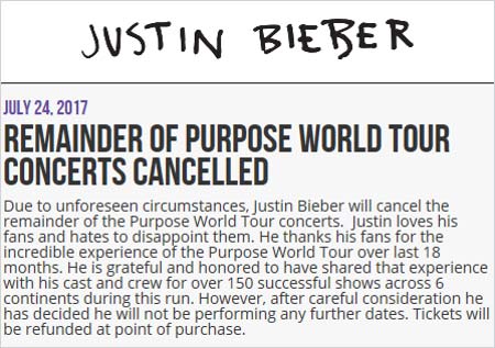 ジャスティン・ビーバーの世界ツアー中止発表