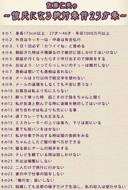 佐藤仁美の彼氏に求める絶対条件25ヶ条