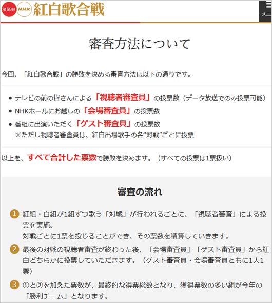 2017年の第68回NHK紅白歌合戦の審査方法説明
