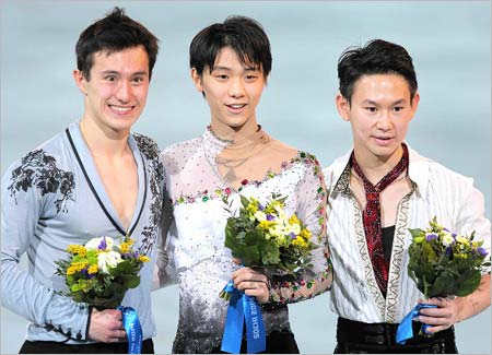 ソチ五輪男子フィギュアスケートメダリストのパトリック・チャン、羽生結弦、デニス・テン