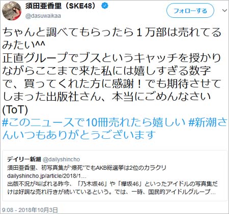 須田亜香里の自虐ツイート