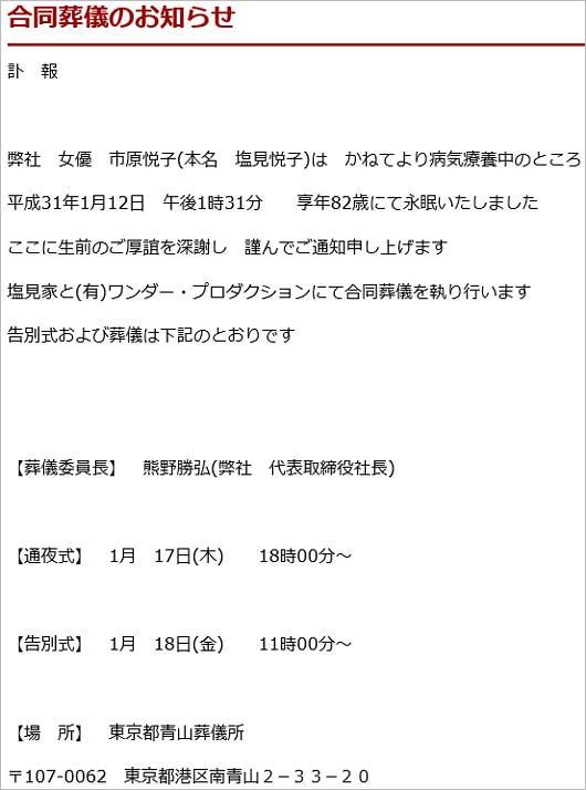 市原悦子の訃報