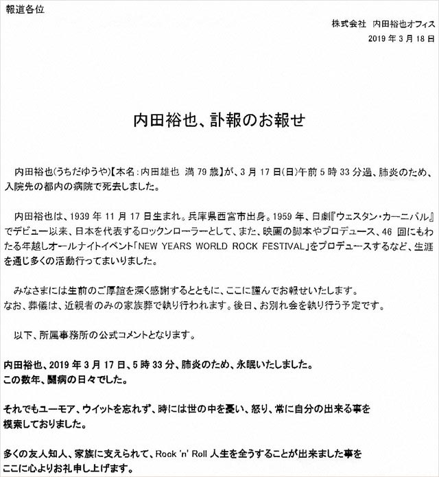 内田裕也の訃報