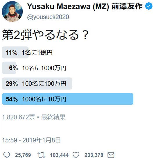 前澤友作のお年玉企画第2弾ツイート1枚目