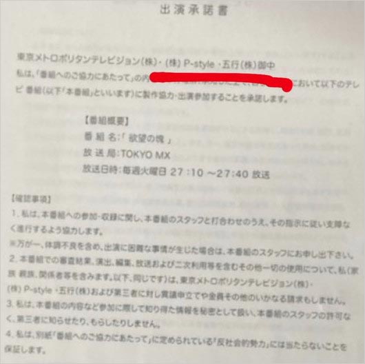 TOKYO MX『欲望の塊』番組出演承諾書