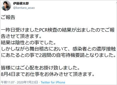 伊藤健太郎がPCR検査の結果を報告ツイート