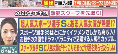アッコにおまかせ!のイニシャルトーク、イケメンスポーツ選手Sと人気女優に熱愛情報