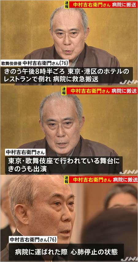 中村吉右衛門が心肺停止で救急搬送報道