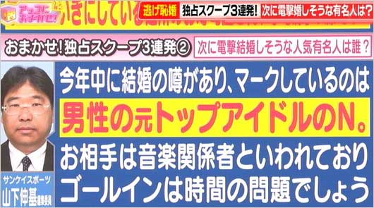 アッコにおまかせのイニシャルトーク・男性元トップアイドルN結婚情報