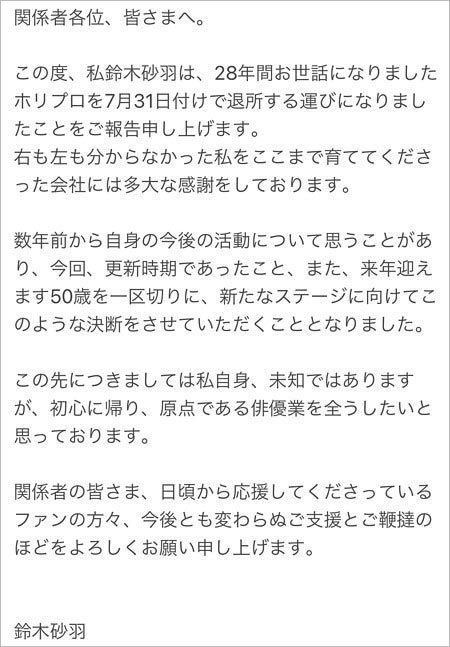 鈴木砂羽ホリプロ退所コメント