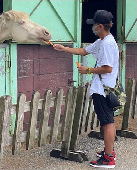 嵐・大野智マザー牧場で馬にエサあげる画像