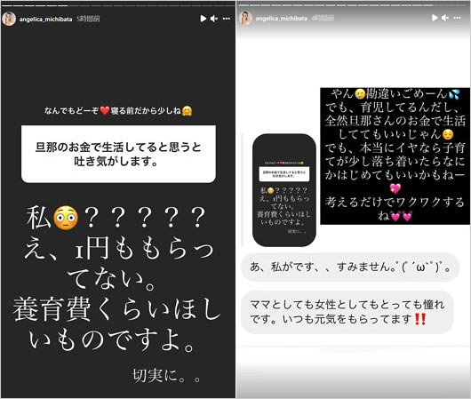 道端アンジェリカ離婚・養育費告白のインスタストーリー画像
