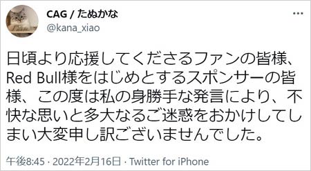たかぬな炎上で謝罪コメント