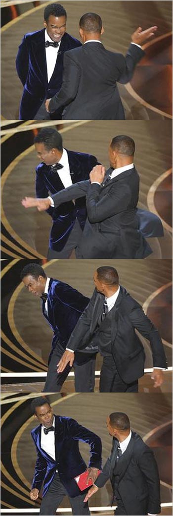 ウィル・スミスがアカデミー賞でクリス・ロックを平手打ちした場面の画像
