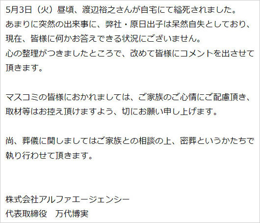 渡辺裕之の訃報コメント