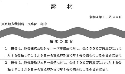 ジャニーズ事務所が週刊文春を提訴・訴状の画像