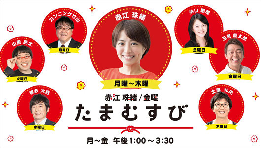TBSラジオたまむすび出演者(赤江珠緒・外山惠理・カンニング竹山・玉袋筋太郎・土屋礼央・山里亮太・博多大吉)