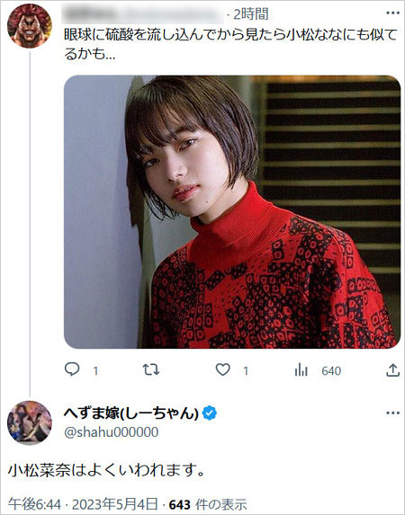 へずまりゅうの嫁が小松菜奈似と言及のTwitter画像