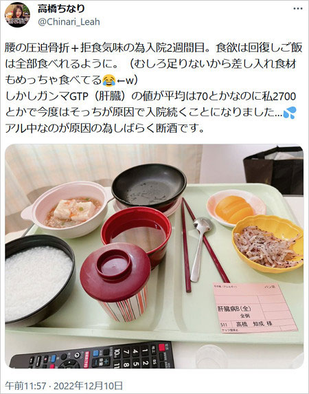 高橋ちなりが病気で入院報告ツイート画像