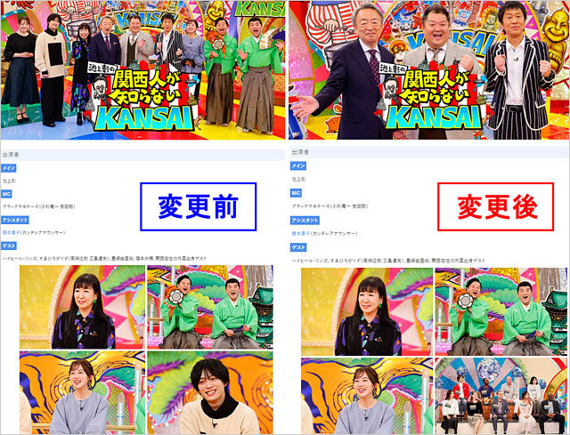 『池上彰の関西人が知らないKANSAI』から福本大晴が消える前と消えた後の比較画像