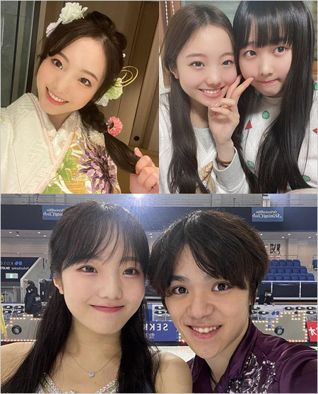 本田真凜インスタグラム自撮り画像(本田望結・宇野昌磨と2ショット)