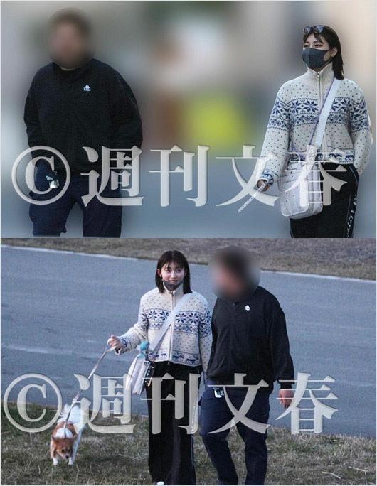 吉川愛と恋人のガテン系男子の愛犬散歩デート画像
