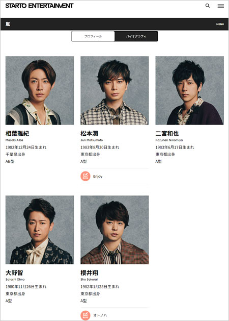 STARTO ENTERTAINMENTの嵐プロフィールページ画像