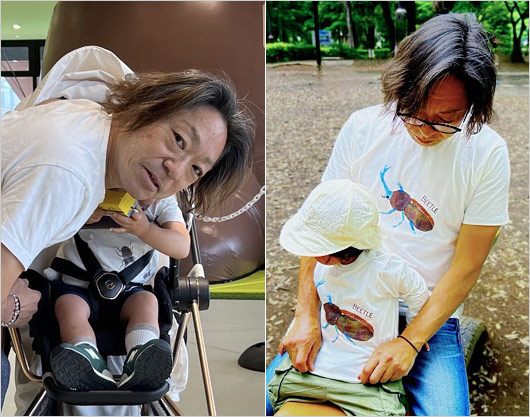 茶髪ロン毛にイメチェンの香川照之と次男の画像