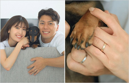 大町怜央アナと榊原美紅の愛犬と結婚指輪画像