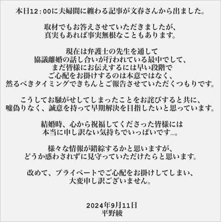 平野綾が夫・谷口賢志と離婚協議＆DV疑惑報道にコメント画像