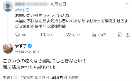 やす子が誹謗中傷アカウントに注意喚起