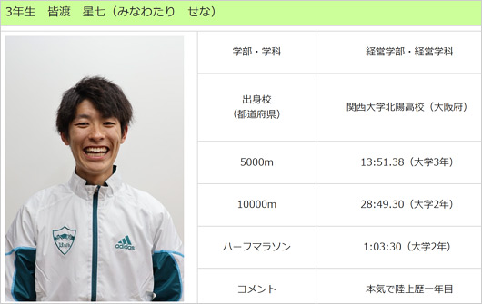 青山学院大学・皆渡星七選手