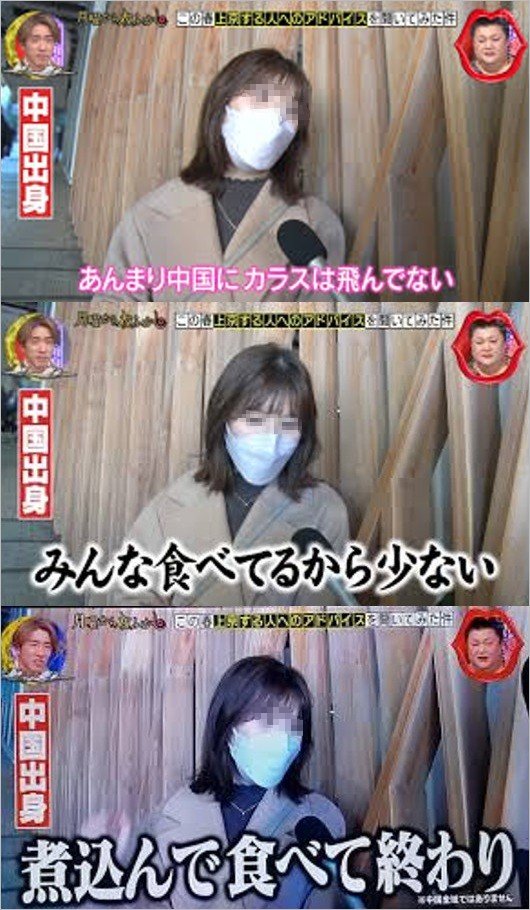 月曜から夜ふかしで中国人女性がカラス食べると恣意的な編集をした場面の画像