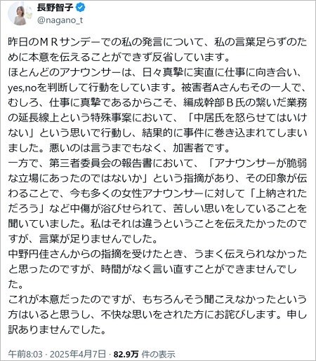 長野智子が炎上発言を謝罪のX投稿