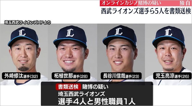 オンラインカジノ・違法賭博事件で書類送検された埼玉西武ライオンズの選手4人