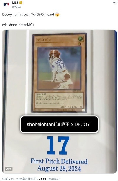 大谷翔平の愛犬デコピンが遊戯王カード化、メジャーリーグ公式Xの投稿