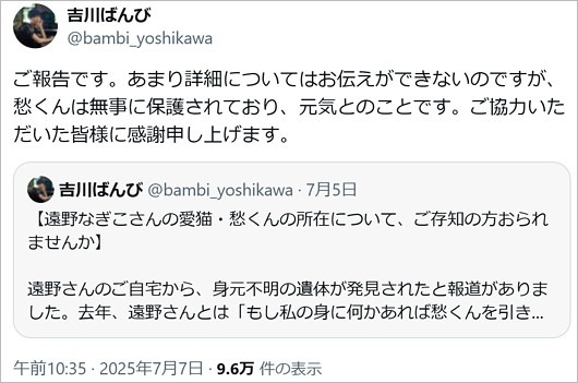 吉川ばんびが遠野なぎこの愛猫の安否判明、無事保護報告