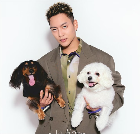 三山凌輝と愛犬・ダダちゃん（カニンヘンダックスフンド）、モモちゃん（ビションフリーゼ）