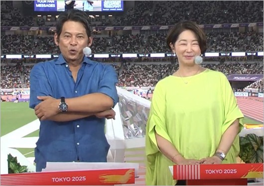 織田裕二＆中井美穂アナ 世界陸上東京大会で共演時の姿