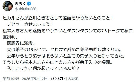 立川志らくがヒカルの落語家デビューに言及