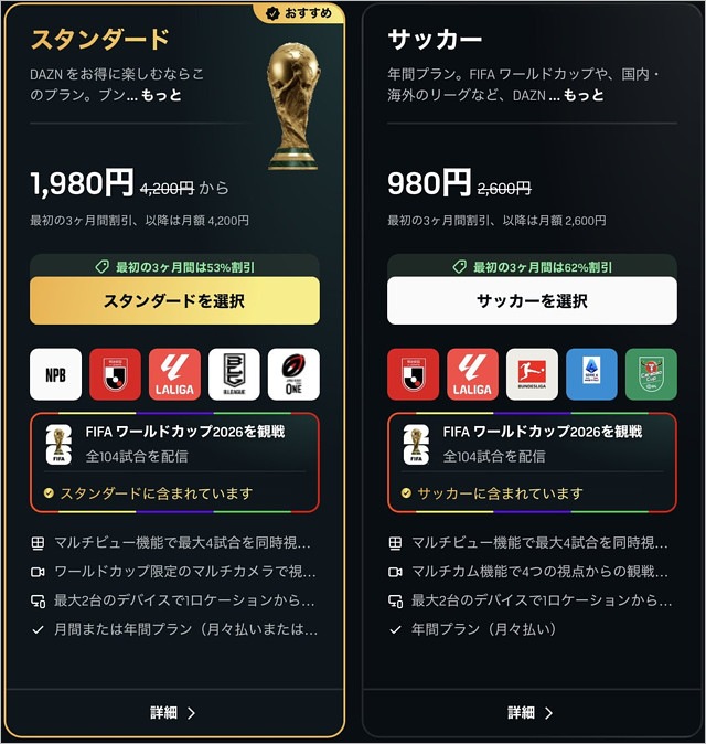 DAZN料金プラン（スタンダードとDAZN Soccerの説明）