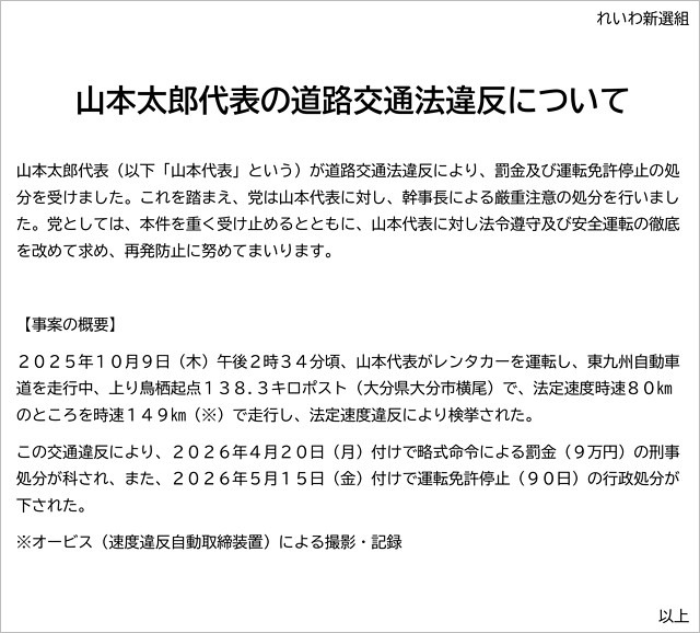 山本太郎がスピード違反で罰金・免許停止処分