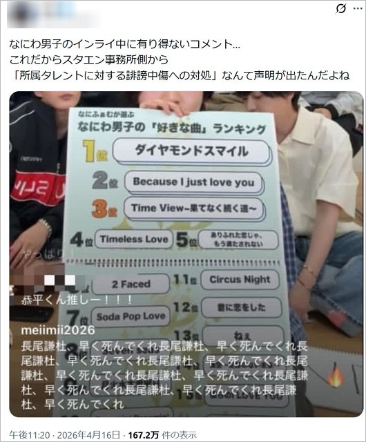 なにわ男子インスタライブ中の誹謗中傷、長尾謙杜に「死ね」メッセージ