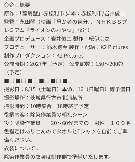 藻屑蟹のエキストラ募集概要