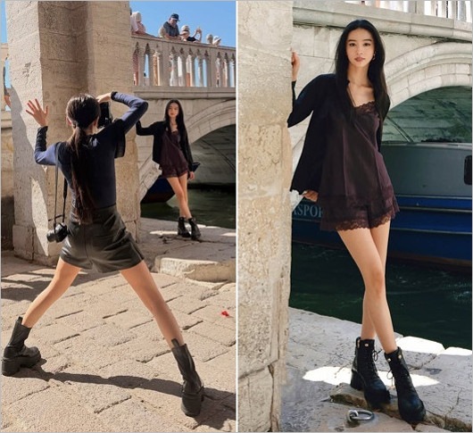 Cocomiがイタリア・ベネチアでKokiを撮影する様子