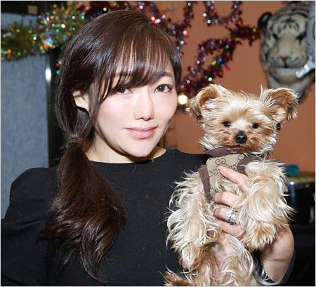 仲本工事の妻・三代純歌と愛犬ヨークシャー・テリアの画像